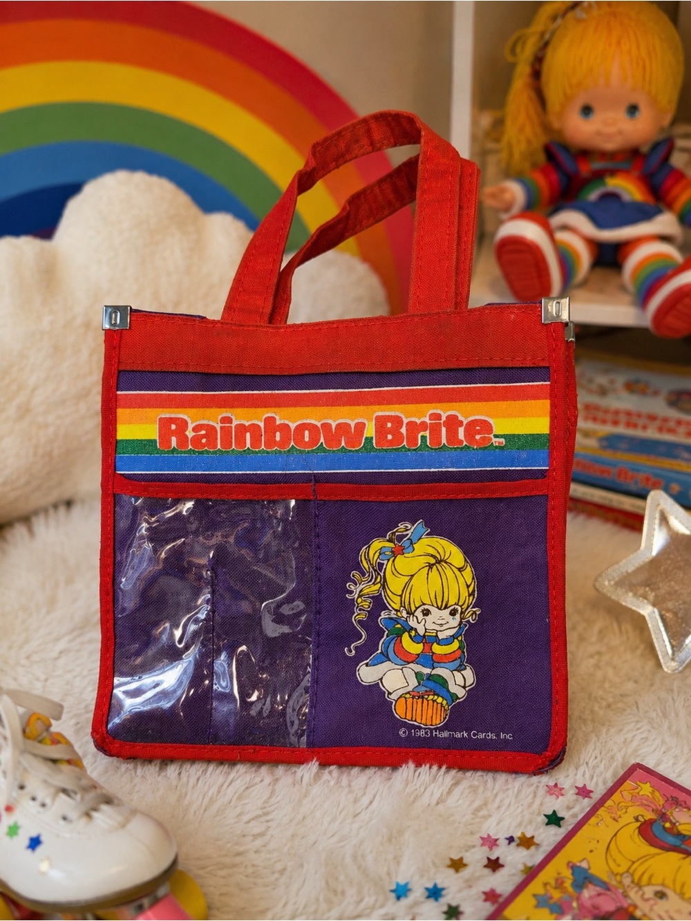 VINTAGE RARE VARIANT 1983 Rainbow Brite Purple Mini Tote Bag Clear PocketHallmak